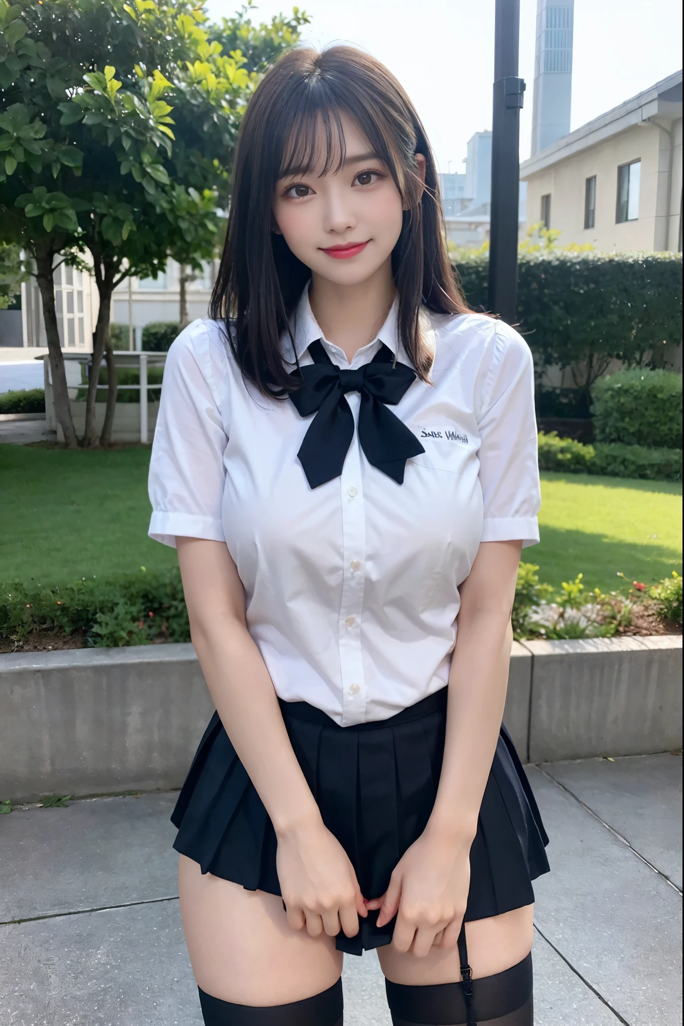 resolution, 1 girl, Watching the audience,Young beautiful Japanese woman, Super cute face, Gorgeous appearance, big breasts,Long Bob Hair,smile,(school uniform:1.3),Beautiful Eyes,(It&#39;s windy:1.3), 混雑した道をsmileで歩く,Glossy lips, Double eyelids on both eyes, Natural Makeup, Long eyelashes, 艶やかで滑らかなライトブラウンのLong Bob Hair, Asymmetrical bangs, Glowing Skin, Center image, 高resolution, High Detail, Detailed hairstyle, Detailed face, Great cinema lighting, Octane Rendering, Vibrant, Surreal, Perfect limbs, Perfect Anatomy, Spreading hair、Slender beauty:1.4、((Saggy breasts:1.4))、Chest exposed、slim abs、Curved Waist、(smile:1.2) 、(Pleated kirt lifted)、Slender and long beautiful legs、Open your feet wide、(Sheer black stockings:1.2)、(No underwear、Beautiful pussy exposed、Open up:1.2、pussy creampie、pubic hair:1.4)、(From below:1.2)、Backlight、

