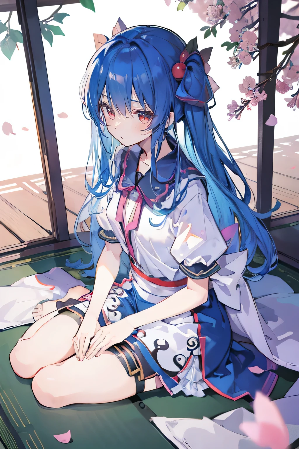 (best quality, masterpiece:1.2), expressive eyes, perfect face, 1 girl, hands on waist, beautiful, gorgeous, Japanese animation, Lola, Hinamori Angel, blue hair, floating clothes, waist grab, waist grab, hands on hips, sitting, sitting on the ground, legs on the ground, flat-chested, falling petals, sitting in a pavilion, pavilion.