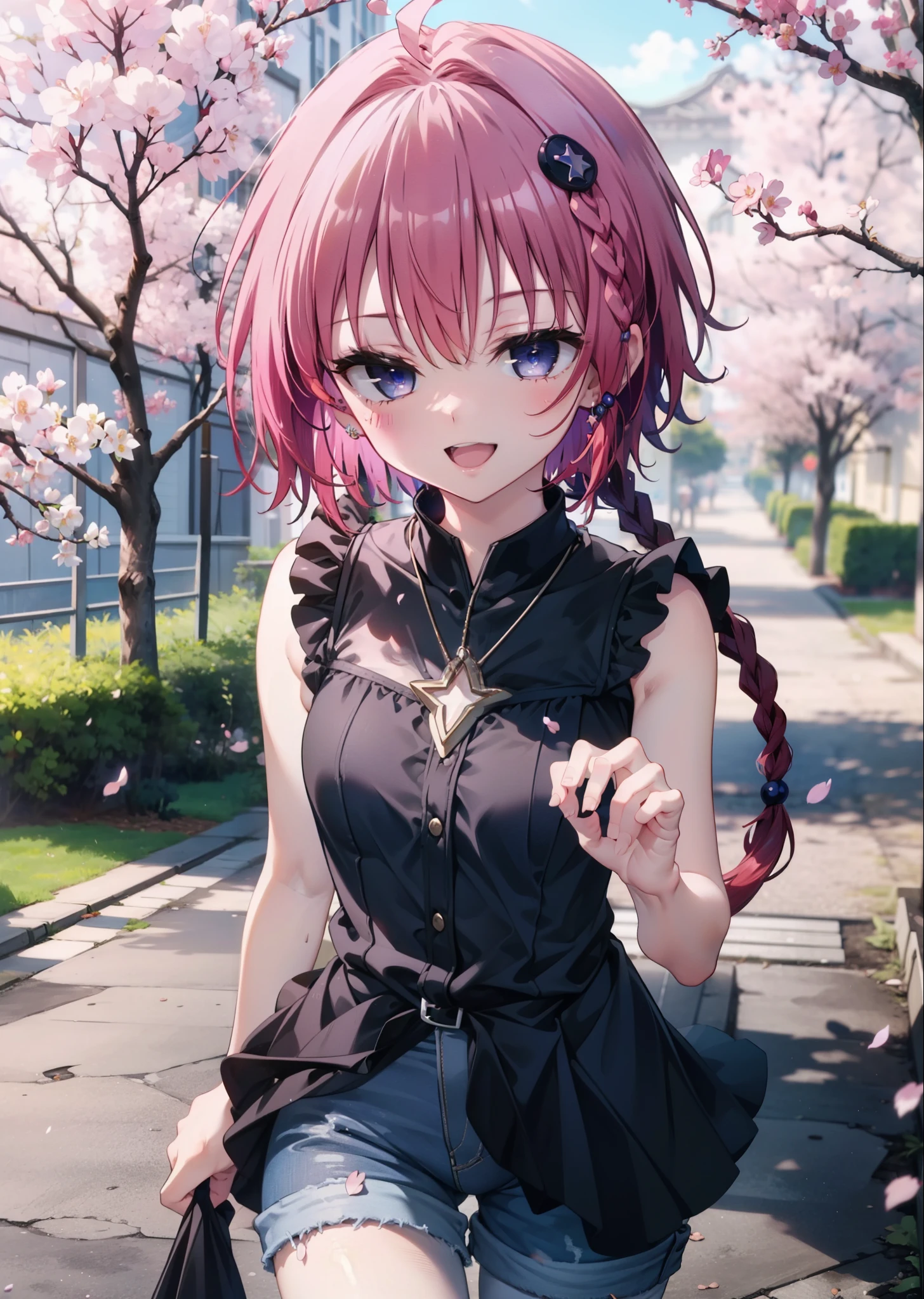 (masterpiece, highest quality:1.2),shape,8k,hd,kurosaki mea,Cowboy Shot,So that the whole body goes into the illustration,1 girl,happy smile, smile, Open your mouth,red hair long hair,Long braids all over the body,Upper Body,(Portraiture:1.2),hair ornaments,smile,Purple eyes,Medium chest,Black sleeveless dress,Bare arms,,Star-shaped necklace,Short denim pants,White pantyhose,short boots,garden,Cherry blossoms are blooming,Cherry blossoms are scattered,Cherry blossom tree-lined path,Clear skies,Daytime, (Cowboy Shot:1. 5),(masterpiece:1.2), highest quality, High resolution, unity 8k wallpaper, (shape:0.8), (Beautiful and detailed:1.6), Highly detailed face, Perfect lighting, Highly detailed CG, (Perfect hands, Perfect Anatomy),
