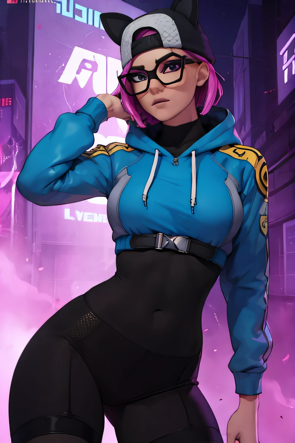  lynx Cyberpunk, pulsera de picos,gorro de invierno , shorts negro con leggins Azul Marino, chaqueta azul marino ,Extremadamente detallado, rostro detallado, gafas ,hermoso rostro, ojos finos, mirando al espectador, pose femenino, Noche 
