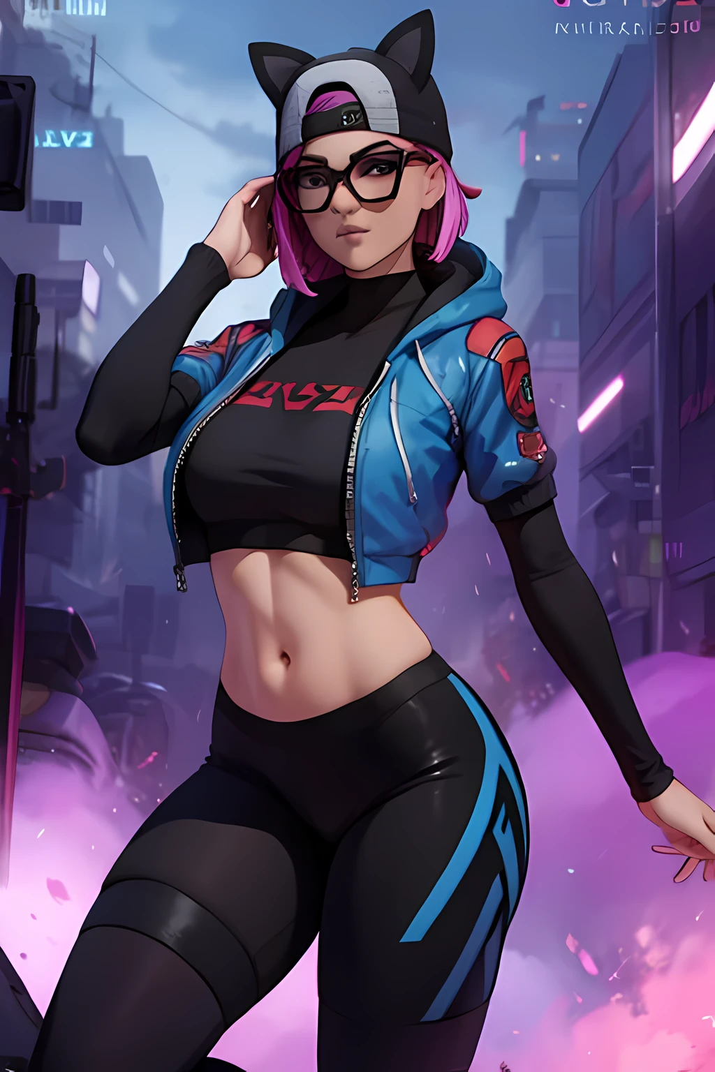lynx Cyberpunk, pulsera de picos,gorro de invierno , shorts negro con leggins Azul Marino, chaqueta azul marino ,Extremadamente detallado, rostro detallado, gafas ,hermoso rostro, ojos finos, mirando al espectador, pose femenino, Noche