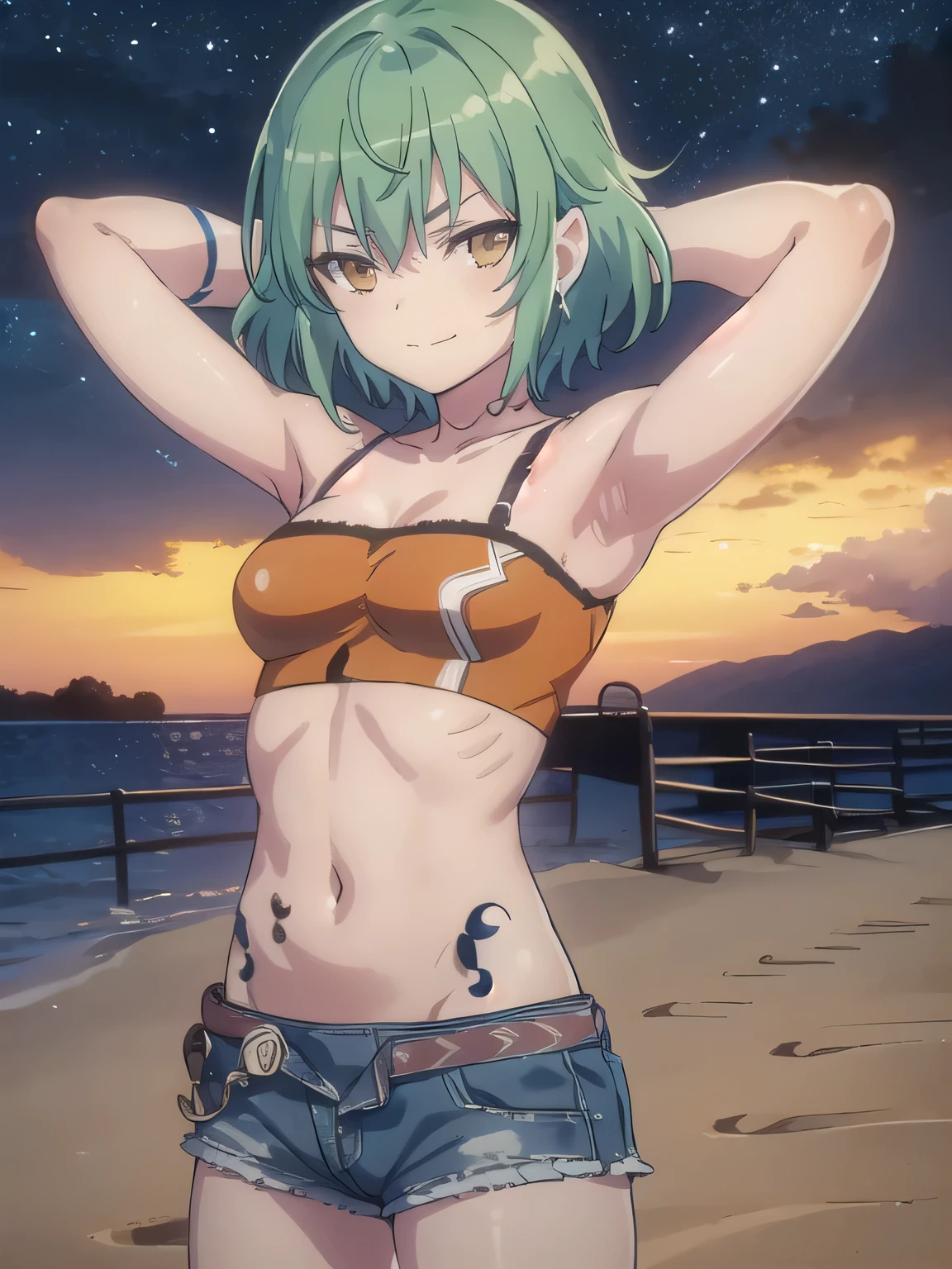  solo, 1girl, hikage, crop top, tattoo, off shoulder, looking at viewer, best quality, v-eyebrows, solo, night sky, beach, arms behind head, short hair, contrapposto, spread armpits, closed mouth, expressionless, (cowboy shot:1.5), smile