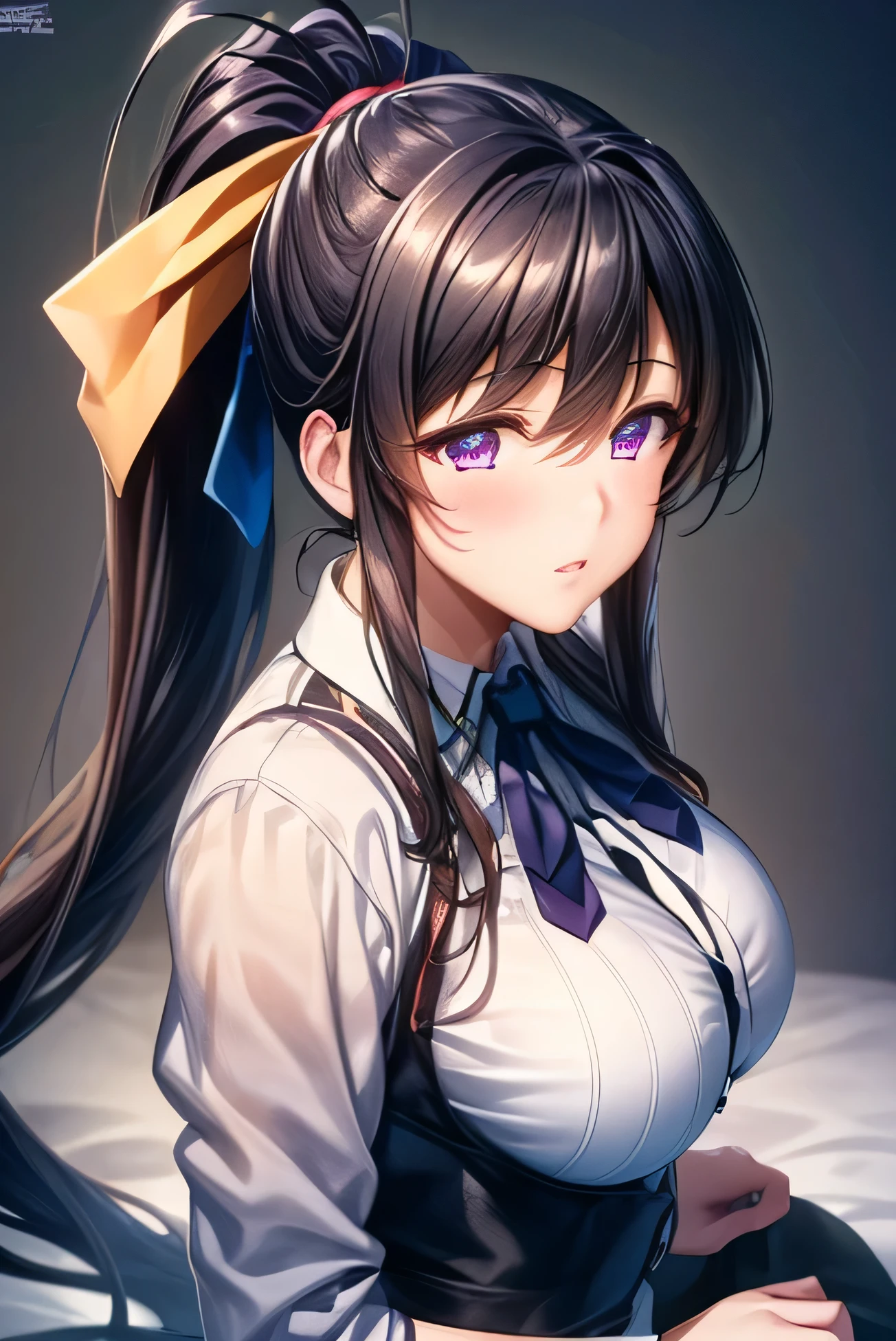 (masterpiece:1.2), best quality, high resolution, unity 8k wallpaper, (illustration:0.8), (beautiful detailed face:1.2, beautiful detailed eyes:1.2), perfect lighting, extremely detailed CG, (perfect hands, perfect anatomy), 

Cute, beautiful, charming lady, shiny hair, lustrous skin, beautiful light big eyes, 
milf, married woman, soft With a gentle appearance and a gentle mother-like atmosphere,

akeno_a, black hair, long hair, very long hair, ponytail, hair ribbon, ribbon, purple eyes, large breasts,capelet, neck ribbon, black ribbon, shirt, long sleeves, black corset, red skirt,