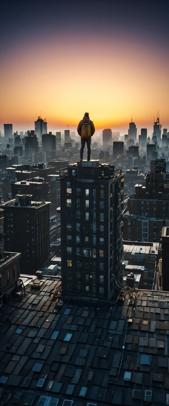 artistic photograph taken by a professional photographer:1.6, awarded by National Geographic:1.7, at night, ((a man standing on a rooftop of a tall building, with his back turned:1.7, watching a beautiful sunrise:1.6)), high image quality: 1.3, realistic appearance, high resolution photography, 8k, full frame matrix, deep shadows, ((one character)), (intricate details, subsurface scattering, hyper detailed: 1.15), (hyperrealism, volumetric lighting, Sharpness: 1.5 ) Fujifilm, hyper detailed, vibrant and well-defined lights and shadows)). beautiful colors of sunrise: 1.6, no text: 1.3. 32k.