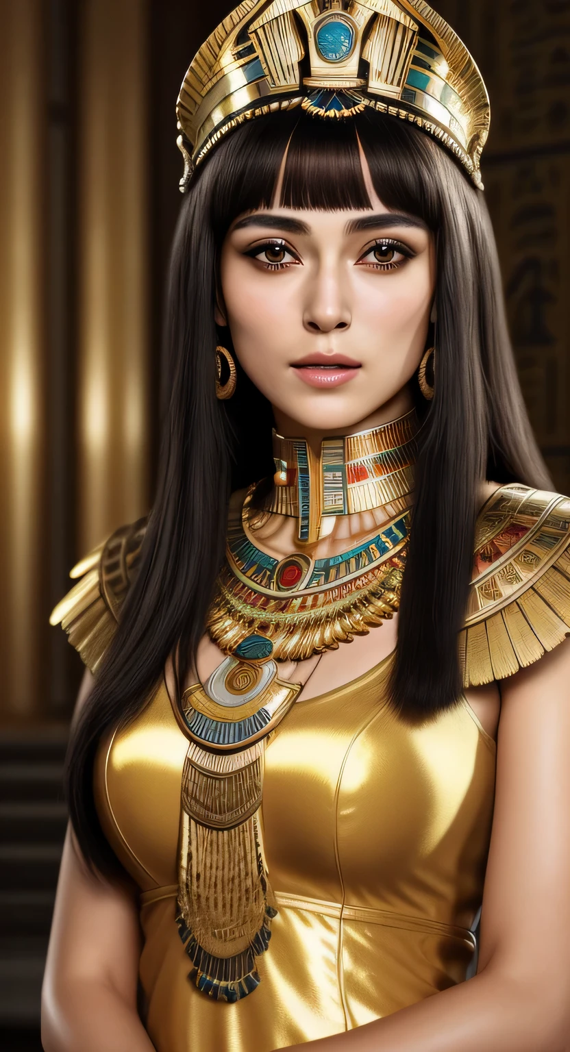Cinematic Portraits, Professional cinematography, a close up of a woman in a gold outfit with an エジプト mask, Beautiful Cleopatra, Unbelievable detailed, Egyptian princess, cinematic goddess close shot, Very beautiful woman, cinematic goddess body shot, portrait, goddess, Stunning beauty, Very high detailed, Cleopatra in her palace, cinematic goddess shot, Egyptian style, extremely detailed goddess shot, beautiful goddess, Keira Knightley as Egyptian, Keira Knightley's gorgeous and beautiful pharaoh, portrait of cleopatra, 超High resolution, 8k, 32k, sharp, Complex, very detailed, Beauty with attention to detail,High resolution, Cinematic Vision, Perfect photo,((最high quality, 8k, Tabletop)), RAW Photos, Photorealistic portrait of Cleopatra, situation々Egyptian attire, Cinematic, detailed, Visually stunning, Natural look、masterpiece, 最high quality, high quality, High resolution、Wearing many gold ornaments、Face close-up、