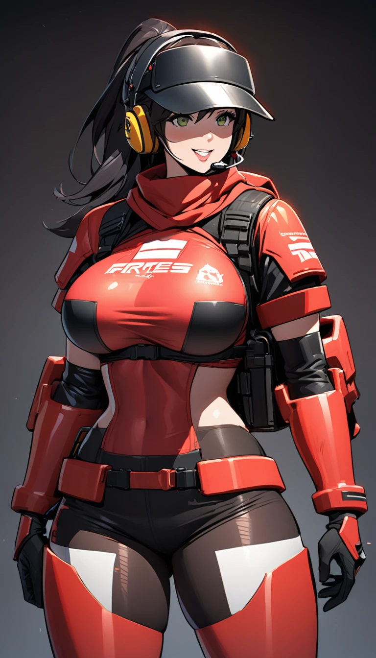 1 girl, ((muscular)), ponytail, toned body, black hair, red eyes, (mask), perky breasts, long hair, close up