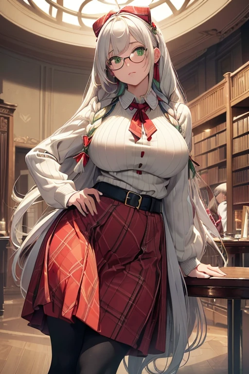 ((masterpiece)), (best quality:1.7), (detailed:1.4), (high res:1.4), 8k, (colorful:1.5), high resolution, sharped image, 4k, hd, (beautiful detailed background:1.2), (beautiful lighting:1.2), (highly detailed:1.2), perfect lighting, (8k wallpaper:1.2), (highly detailed:1.2), (extremely detailed CG:1.2), (((only white gray very long straight hair with two braid front bangs with red ribbon ties))), (only white hair), ((large full chest)), (((very busty))), curvy figure, (((light green eyes))), (beige loose ribbed sweater)), ((red plaid pattern skirt with black full length leggings)), ((big circle glasses)), library, mature, older, human adult, tall, fullbody