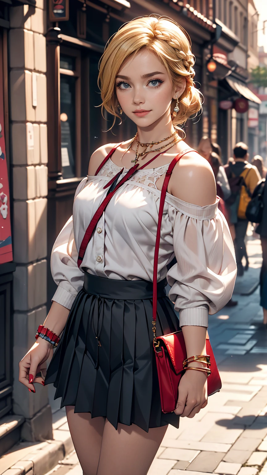 ((最high quality, 8K, masterpiece: 1.3, Ultra HD, high quality, 最high quality, High resolution, realism)) 、A 22-year-old extremely beautiful white woman、Hair color blonde、blue eyeedium Hair、Straight Hair、smile、Slender but well-proportioned body、Background blur((depth of field))、aerial perspective((atmospheric perspective))、I want my head to stay off screen、Wearing accessories on the wrist、Put an anklet on your ankle、Wearing red nail polish、I have a peticure、French style braid((french braid))、Wear a high-neck top、Drawstring sleeves and shoulders((drawstring shoulder))、Pleated Skirt((pleats skirt))wear、ローヒールをwear、Carry a handbag over one's shoulder、Cross one's arms、Leaning against the wall of a brick building in the old town、The ground is paved with stone