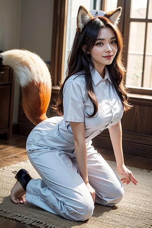 ((highest quality, 32k)), ((masterpiece)), (Familiar), Perfect Face, Fox woman, Beautiful woman, public, Has a tail, She has a fluffy tail, She has a red fox's tail., She wags her tail, smile, bell collar, She is wearing a nurse uniform, Beautiful Hips, Big Breasts, Big tail, A tail sticks out from inside the pants, Turn around on all fours