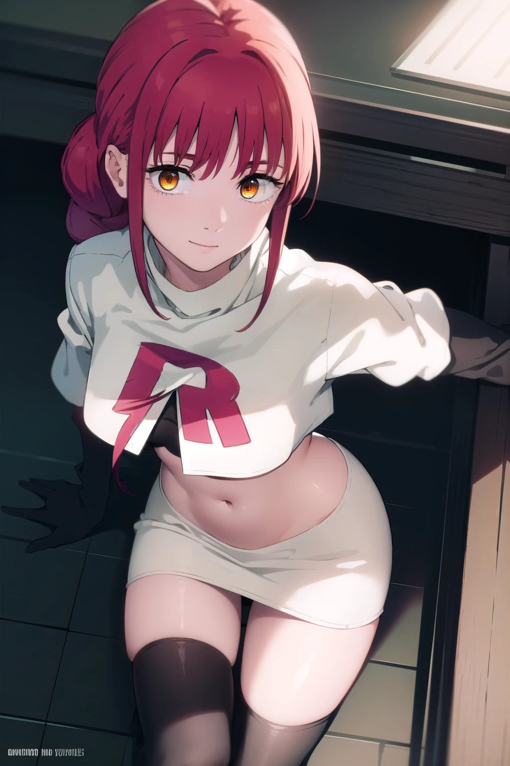 masterpiece, best quality, 1girl, Sakura Haruno, small breasts, toned, looking at the viewer, school uniform, lifting shirt, thigh socks, midriff, in bed, sun, mini skirt raised, no panties (green eyes: 0.6)