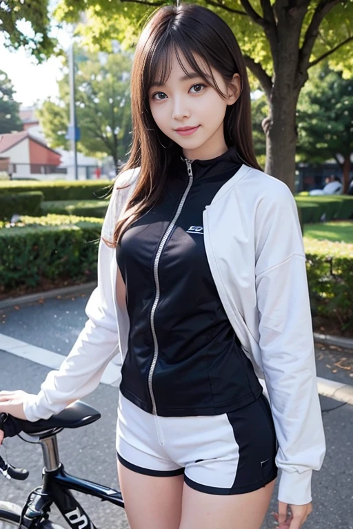 cute japanese college student、21 years old、Super detailed face、Attention to detail、double eyelid、Beautiful thin nose、Sharp focus:1.2、Beautiful woman:1.4、(Two-tone hair、Semi-long hair)、(Detailed facial features)、Brunette eyes、natural bangs、White skin、highest quality、masterpiece、超A high resolution、(Photorealistic:1.4)、Highly detailed and professionally lit smile、looking at the camera、Medium Bob Hair、Bright lighting、Professional Lighting、Smooth lighting、One person is standing、(Long sleeve cycling jersey), (Berry Shorts)、(Outdoor)、