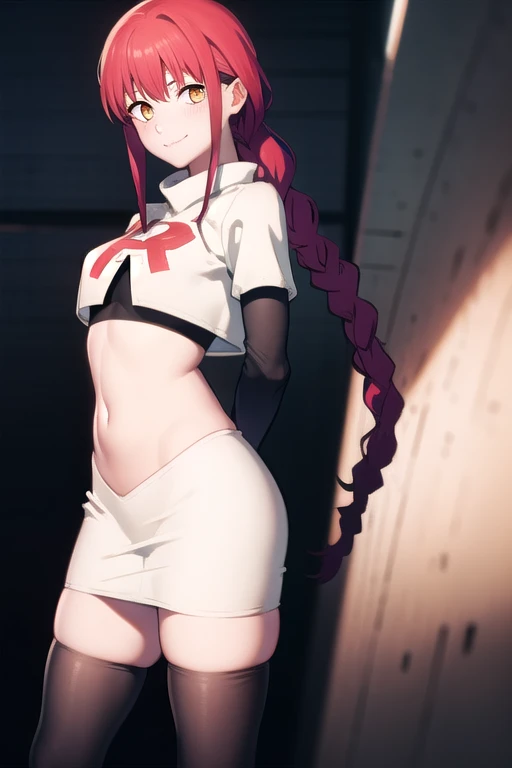 makima, makima, long hair, smile, bangs, small breasts, (yellow eyes:1.2), braid, red hair, braided ponytail, ringed eyes,
BREAK team rocket,team rocket uniform,white skirt,red letter R,crop top,black thigh-highs,black elbow gloves,
BREAK looking at viewer,
BREAK (masterpiece:1.2), best quality, high resolution, unity 8k wallpaper, (illustration:0.8), (beautiful detailed eyes:1.6), extremely detailed face, perfect lighting, extremely detailed CG, (perfect hands, perfect anatomy),