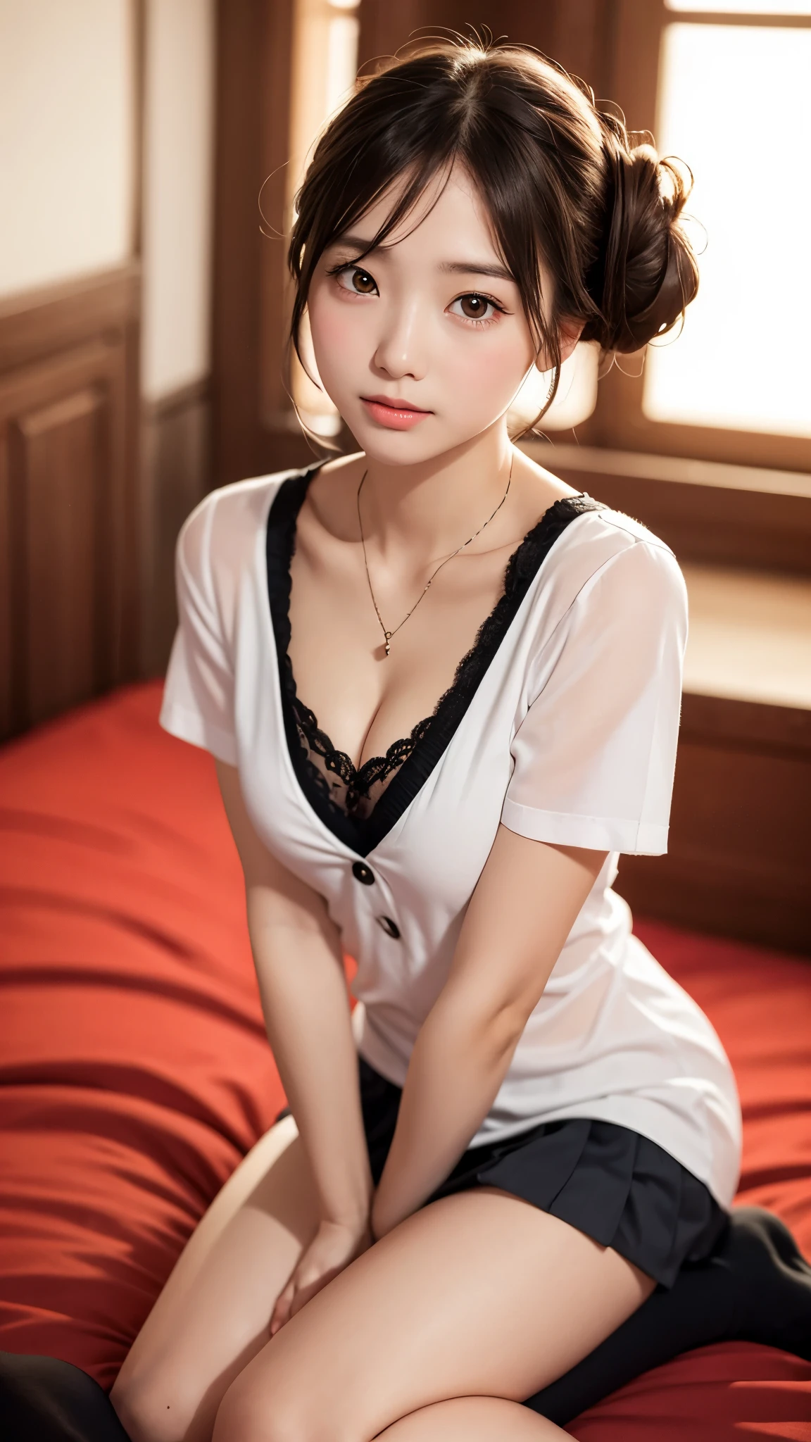 high school girl, (high school uniform:1.2), (masterpiece:1.3)、Super detailed finish、(High resolution、8k:1.3)、(highest quality、Ultra-realistic as a photo:1.5)、sharp focus, 超High resolutionの顔、the face is in focus、Ultra high definition and beautiful eyes、Eyes are symmetrical:1.3、I&#39;m looking at you with focused eyes、High-definition and beautiful skin、firm skin、1 girl, 16 years old, very cute:1.3、kawaii:1.3, thin legs、sexy thighs、on the bed、natural makeup, glossy lips、thin necklace、anxious look, wet eyes:1.3, blush:1.3, embarrassing:1.3、looking at the viewer, half updo