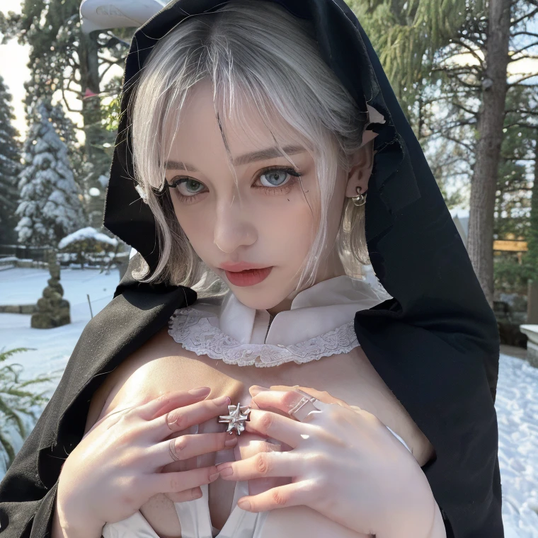 1 miniature Beautiful beautiful woman - Yuan Sayuki, ((top quality, 8K, Masterpiece:1.retty woman, 1 woman, huge breasts:1.3, a slim body:1.1, lush white short hair, (shower, wet body, wet clothes:1.1), very detailed face, detailed lips, detailed eyes, double eyelids, Detailed blue eyes, чрезвычайно Detailed Outstanding Blue Eyes, short white wet hair, white wet hair, Detailed Outstanding Blue Eyes, innocent look at the viewer, very wet wavy white hair, Detailed Outstanding Blue Eyes, huge cross earrings, Outdoors, badges behind, gothic wedding uniform, sexy gothic style wedding dress with veil, bare chest, huge chest tattoo wearing a wreath, detailed huge catholic cross earrings, chest tattoo, Outside - there are trees and a buddhist temple in the background (mountain vicinity), wear a silver cross (Detailed cross shape), reality mode, wet breasts, black necklace, black wedding dress and black veil, human crowd behind, head/forehead chain veil, black latex gloves, naked breasts, naked breasts, naked nipples, hair of white snowy colour, night time, red neon lights, demonic nun, nimbus (golden lighting ring above her head), angel, snowy weather, Detailed buddhist temple behind