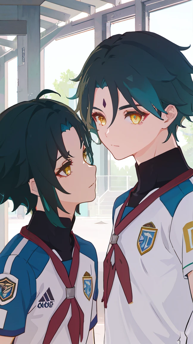 2 boys,dark green hair,highest quality,masterpiece,excessive,male focus,yellow eyes,beautiful eyes,beautiful boy,School,between men,Spouse,soccer club members,Blue soccer uniform,soccer,high school,soccer uniform,blue clothes,soccer court,teammate,same clothes,shoulder to shoulder,feminine,good friend,best image quality,