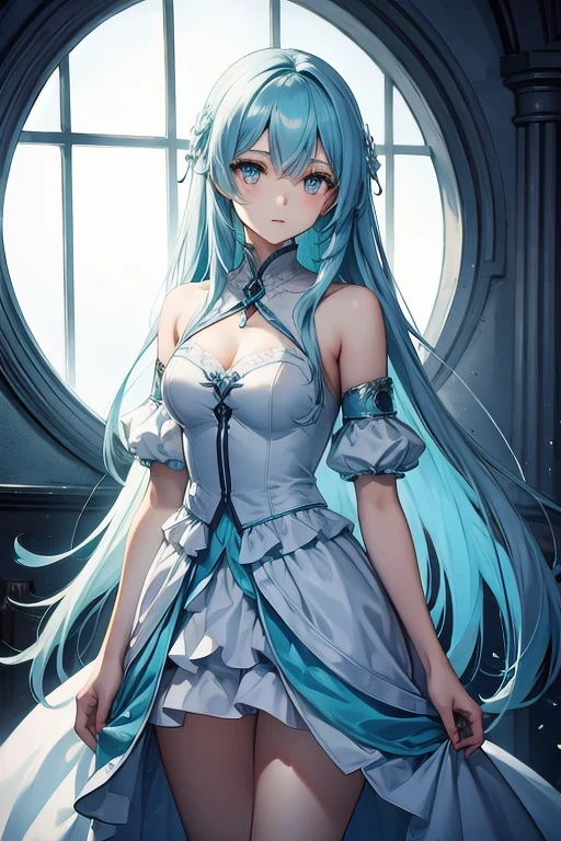 Long light cyan hair，Solitary, 1 girl，Silver Eyes，Elegant