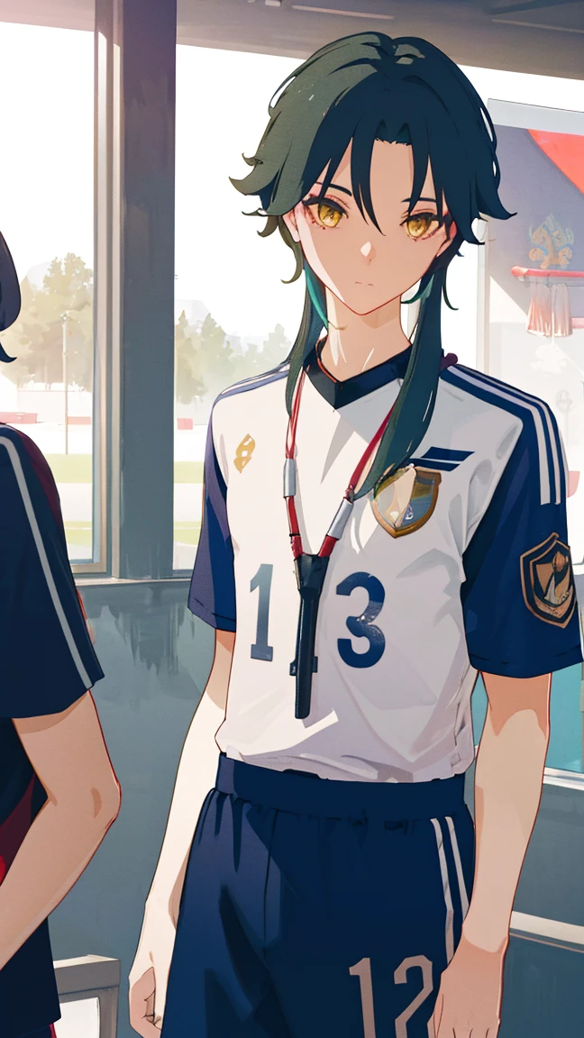 2 boys,dark green hair,highest quality,masterpiece,excessive,male focus,yellow eyes,beautiful eyes,beautiful boy,School,between men,Spouse,soccer club members,Blue soccer uniform,soccer,high school,soccer uniform,blue clothes,soccer court,teammate,same clothes,shoulder to shoulder,feminine,good friend,best image quality,