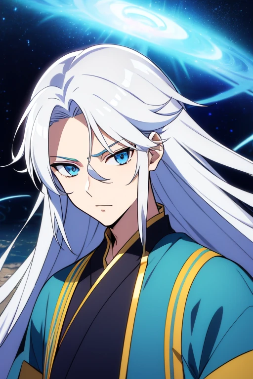 (high quality，It's fascinating)，(Expressive eyes，perfect face)1male，male，solo，Short height，teen age，Very long hair，White hair with blue streaks and highlights，Messy hair，Show forehead，Light blue eyes，Serious expression，White Hanfu，Fantasy Mage Costume，Venus，Venus罗马激情之神，Venus背景，space background，portrait，Upper body，magic，
