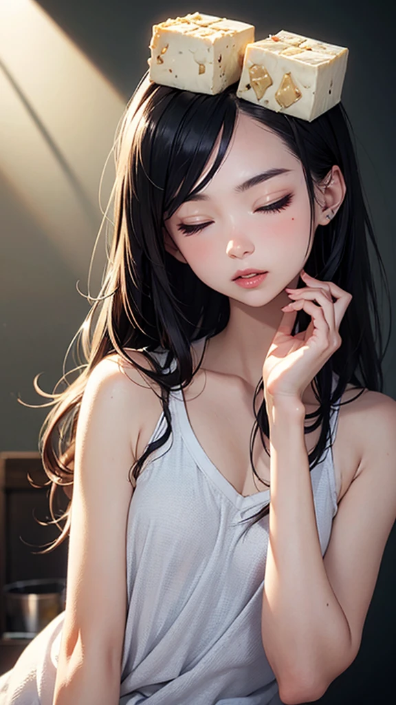manga,((tofu on her head)),girl,19yo, eyes closed, mouth open, black hair,long hair,japanese,avenue,perfect anatomy,beautiful detailed teeth, small mouth, fresh lips,beautiful lighting, volumetric lighting, dynamic angle, sharp,