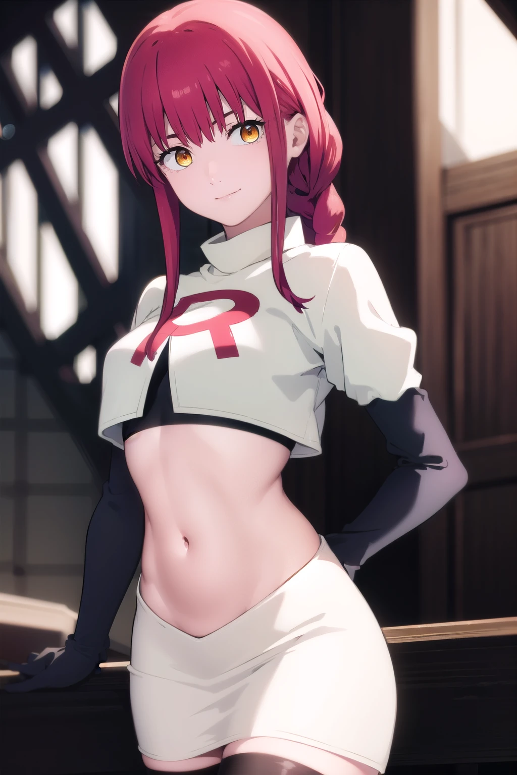 makima, makima, long hair, smile, bangs, small breasts, (yellow eyes:1.2), braid, red hair, braided ponytail, ringed eyes,
BREAK team rocket,team rocket uniform,white skirt,red letter R,crop top,black thigh-highs,black elbow gloves,
BREAK looking at viewer,
BREAK (masterpiece:1.2), best quality, high resolution, unity 8k wallpaper, (illustration:0.8), (beautiful detailed eyes:1.6), extremely detailed face, perfect lighting, extremely detailed CG, (perfect hands, perfect anatomy),
