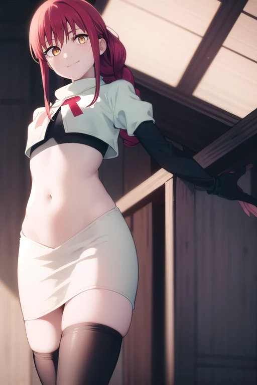 makima, makima, long hair, smile, bangs, small breasts, (yellow eyes:1.2), braid, red hair, braided ponytail, ringed eyes, 
BREAK team rocket,team rocket uniform,white skirt,red letter R,crop top,black thigh-highs,black elbow gloves,
BREAK looking at viewer,
BREAK (masterpiece:1.2), best quality, high resolution, unity 8k wallpaper, (illustration:0.8), (beautiful detailed eyes:1.6), extremely detailed face, perfect lighting, extremely detailed CG, (perfect hands, perfect anatomy),