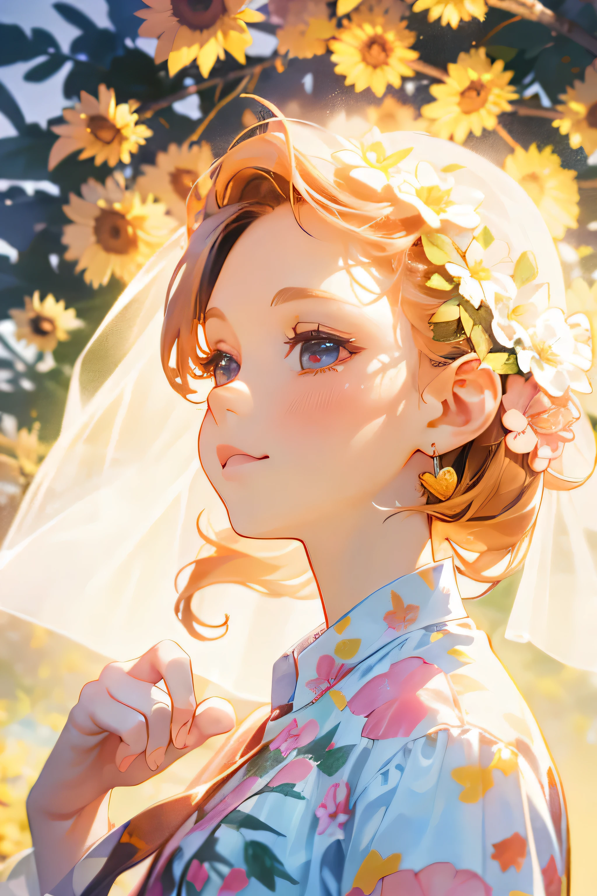 Photorealistic、Nendoroid wearing a wedding dress standing in front of a painting、Laughter、Cute pose、Watercolor Nendoroid、(High Resolution Figure)、Flowing iridescent silk、Close-up of face、Look up、Heart symbol、Floral Dress、There is also a flower in front of the petal below the Nendoroid........、season!!: summer☀ 🍂、((A wonderful painting with super multiple exposure where you can see the background through the clothes))
