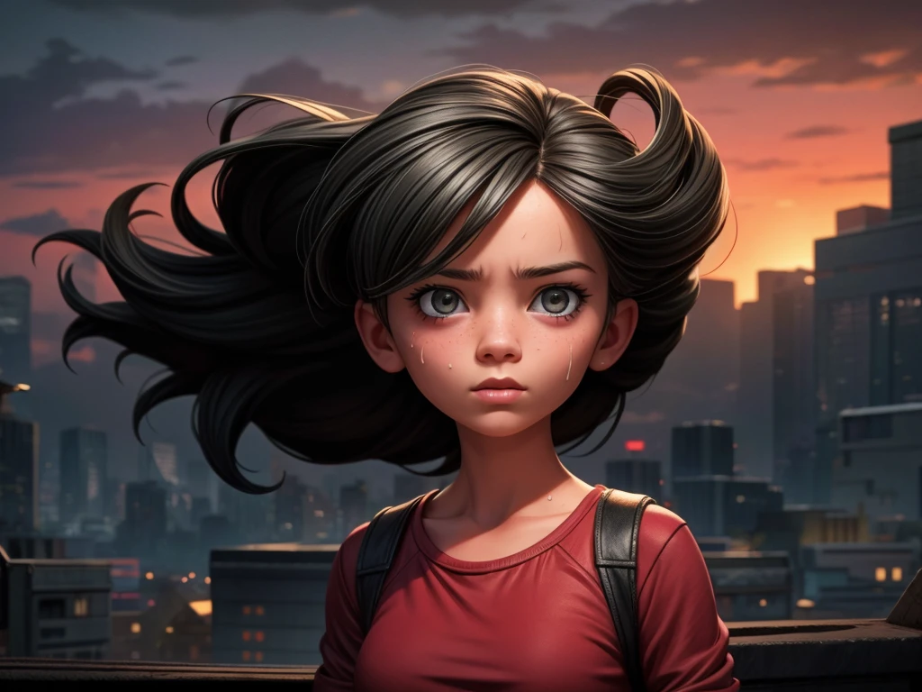girl standing on the rooftop,overlooking the city from above,heightening the sense of fear,looking up from below,the beautiful sunset,best quality,4k,8k,highres,masterpiece:1.2,ultra-detailed,realistic:1.37,photography,vivid colors,concept artists,bokeh,warm color tones,dramatic lighting