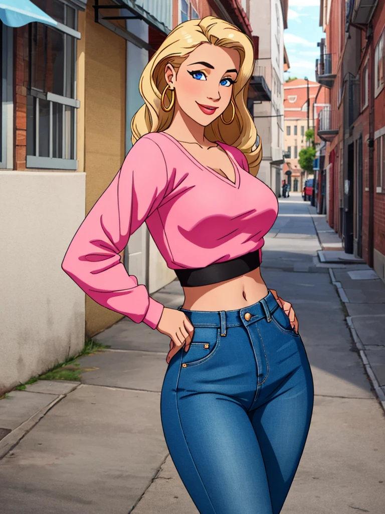 sexy bombshell of a woman wearing an ultra-tight fuzzy pink long-sleeve v-neck sweater, exposed midriff, and Highrise jeans. Hoop earrings, Pink Stilleto heels. Large breasts. thin waist, blond hair, large piercing blue eyes. large ass, hyper-detailed, photorealistic, smiling at the viewer. She has a chaste, pure air to her, that exudes old-world feminine charm and beauty, innocence