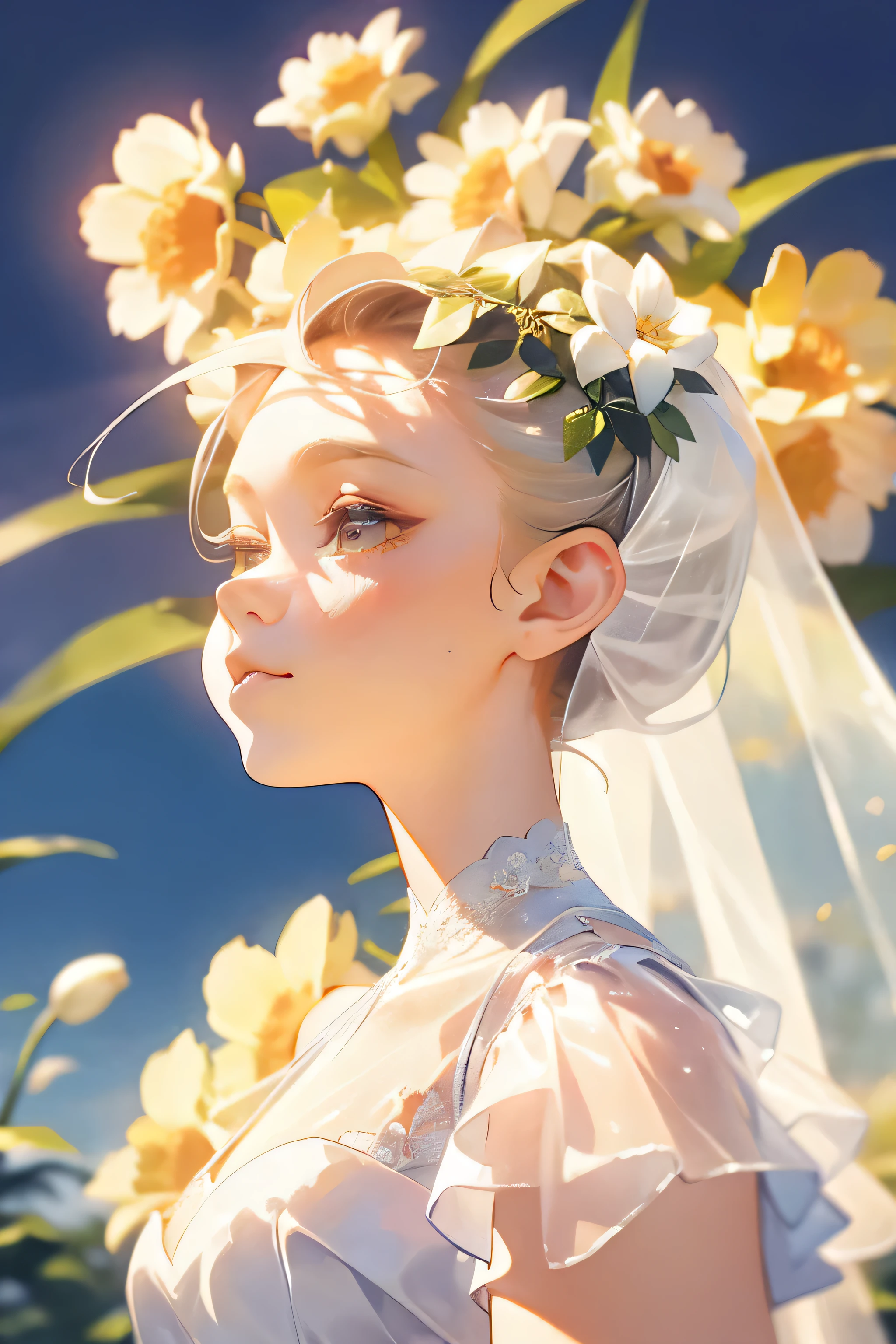 Photorealistic、Nendoroid wearing a wedding dress standing in front of a painting、Laughter、Cute pose、Watercolor Nendoroid、(High Resolution Figure)、Flowing iridescent silk、Close-up of face、Look up、Heart symbol、Floral Dress、There is also a flower in front of the petal below the Nendoroid........、season!!: summer☀ 🍂、((A wonderful painting with super multiple exposure where you can see the background through the clothes))