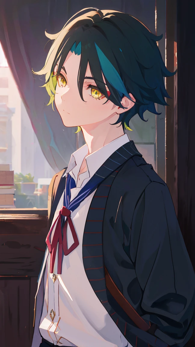 1 boy,dark green hair,highest quality,masterpiece,excessive,male focus,yellow eyes,beautiful eyes,beautiful boy,student,cutter shirt,cardigan,