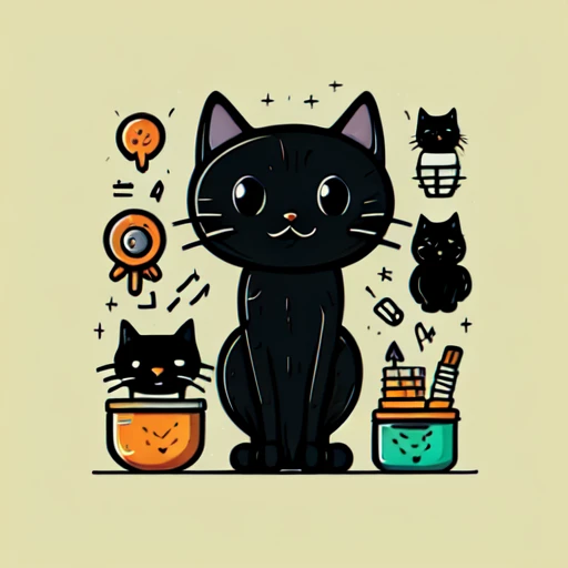 Traditional Tattoo Flash、Old School Tattoo Design、(Cute black cat)、Flat illustration、Vector art,、Face Up、head shot、anime taste、Japanese style logo