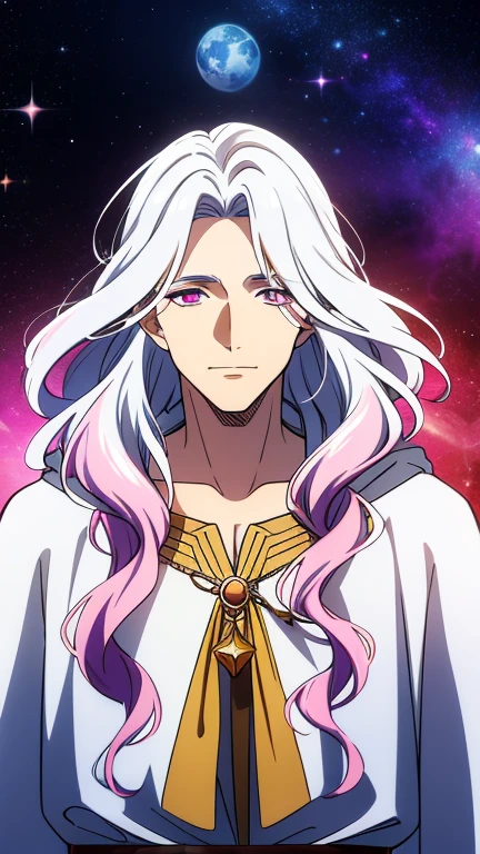 (high-quality, breathtaking),(expressive eyes, perfect face) 1male, male, solo, elderly adult, medium length hair, black and white streaked hair, multicolored hair, white hair streaks, glowing hair, white strands in hair, unkept hair, pink purple eyes, positive expression, soft smile, cloak, shirt, fantasy mage clothing, adventurers attire, Venus, Venus Roman God of Love and Passion, space background, portrait, upper body, magic, elegant, stylized hairstyle, gorgeous flowy curly hair, grandfather vibe, age 70's, Greek Clothing