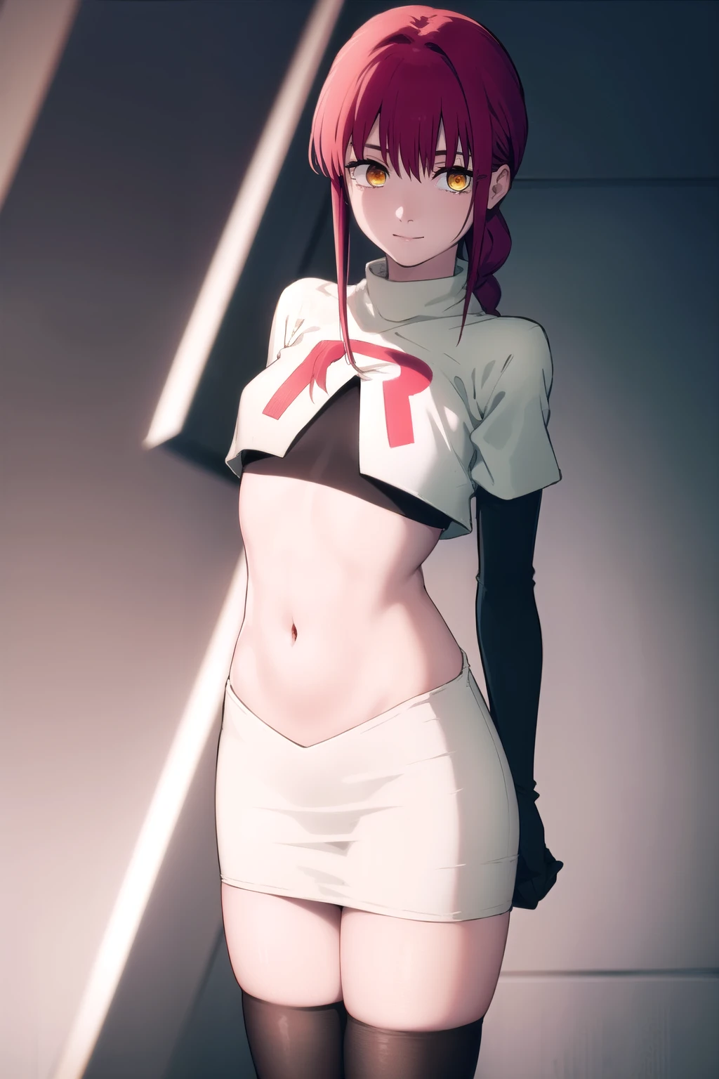 makima, makima, long hair, smile, bangs, small breasts, (yellow eyes:1.2), braid, red hair, braided ponytail, ringed eyes,
BREAK team rocket,team rocket uniform,white skirt,red letter R,crop top,black thigh-highs,black elbow gloves,
BREAK looking at viewer,
BREAK (masterpiece:1.2), best quality, high resolution, unity 8k wallpaper, (illustration:0.8), (beautiful detailed eyes:1.6), extremely detailed face, perfect lighting, extremely detailed CG, (perfect hands, perfect anatomy),