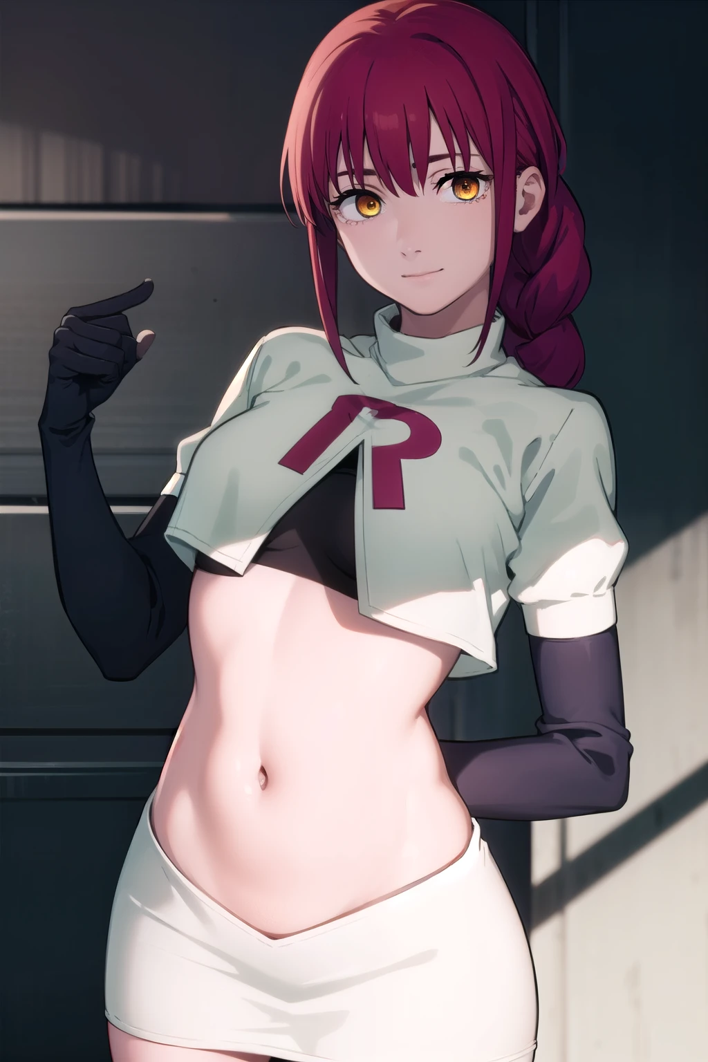 makima, makima, long hair, smile, bangs, small breasts, (yellow eyes:1.2), braid, red hair, braided ponytail, ringed eyes,
BREAK team rocket,team rocket uniform,white skirt,red letter R,crop top,black thigh-highs,black elbow gloves,
BREAK looking at viewer,
BREAK (masterpiece:1.2), best quality, high resolution, unity 8k wallpaper, (illustration:0.8), (beautiful detailed eyes:1.6), extremely detailed face, perfect lighting, extremely detailed CG, (perfect hands, perfect anatomy),