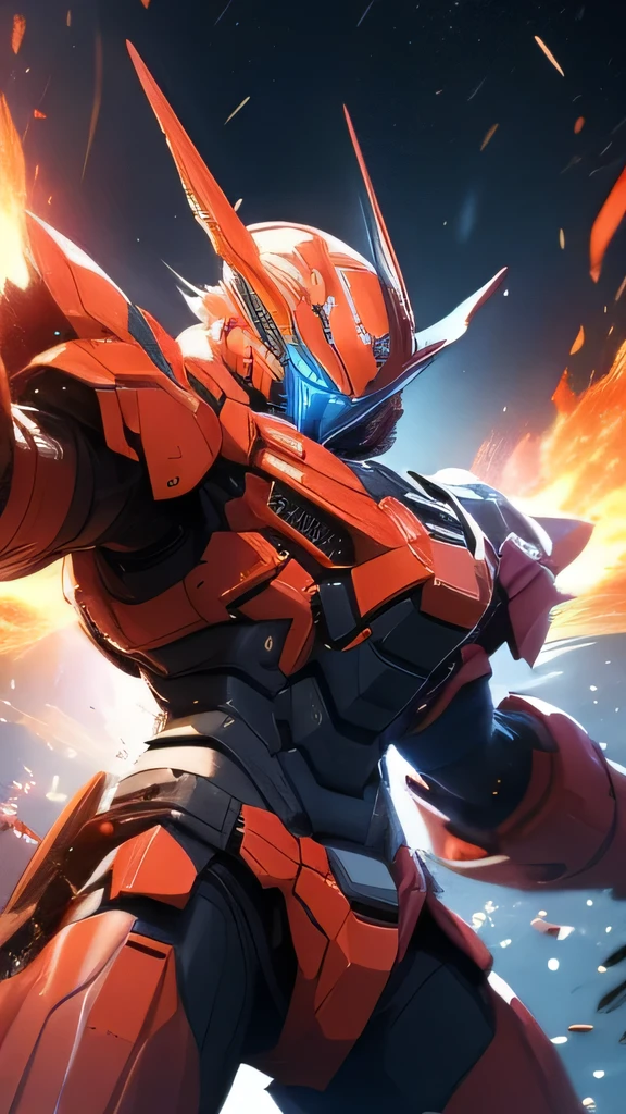 最high quality、Best image quality、masterpiece、red and blue mechanical body armor、red mechanic arm、purple leg arms、Shining gold body line、Large bast,Beautiful light blue eyes、silver flight unit,　belligerent movements,glowing whip、)),high quality、Beautiful art、background((Midnight City、Pillar of Fire、Fluttering white feathers)))、depth((Black Giant Robot)),Tabletop、Depth of written boundary,Cinematic