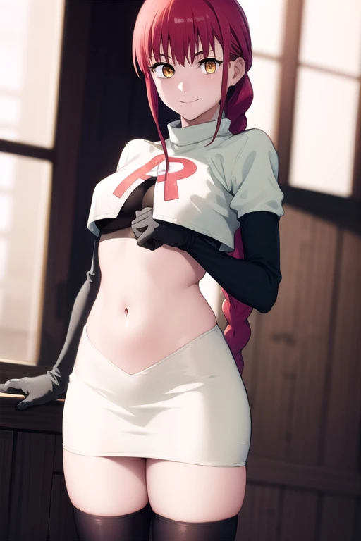 makima, makima, long hair, smile, bangs, small breasts, (yellow eyes:1.2), braid, red hair, braided ponytail, ringed eyes,
BREAK team rocket,team rocket uniform,white skirt,red letter R,crop top,black thigh-highs,black elbow gloves,
BREAK looking at viewer,
BREAK (masterpiece:1.2), best quality, high resolution, unity 8k wallpaper, (illustration:0.8), (beautiful detailed eyes:1.6), extremely detailed face, perfect lighting, extremely detailed CG, (perfect hands, perfect anatomy),