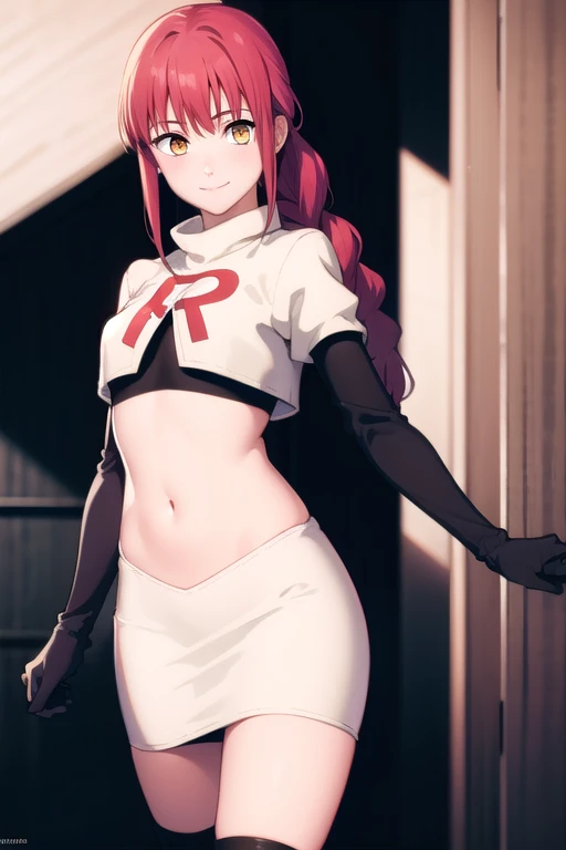 makima, makima, long hair, smile, bangs, small breasts, (yellow eyes:1.2), braid, red hair, braided ponytail, ringed eyes,
BREAK team rocket,team rocket uniform,white skirt,red letter R,crop top,black thigh-highs,black elbow gloves,
BREAK looking at viewer,
BREAK (masterpiece:1.2), best quality, high resolution, unity 8k wallpaper, (illustration:0.8), (beautiful detailed eyes:1.6), extremely detailed face, perfect lighting, extremely detailed CG, (perfect hands, perfect anatomy),