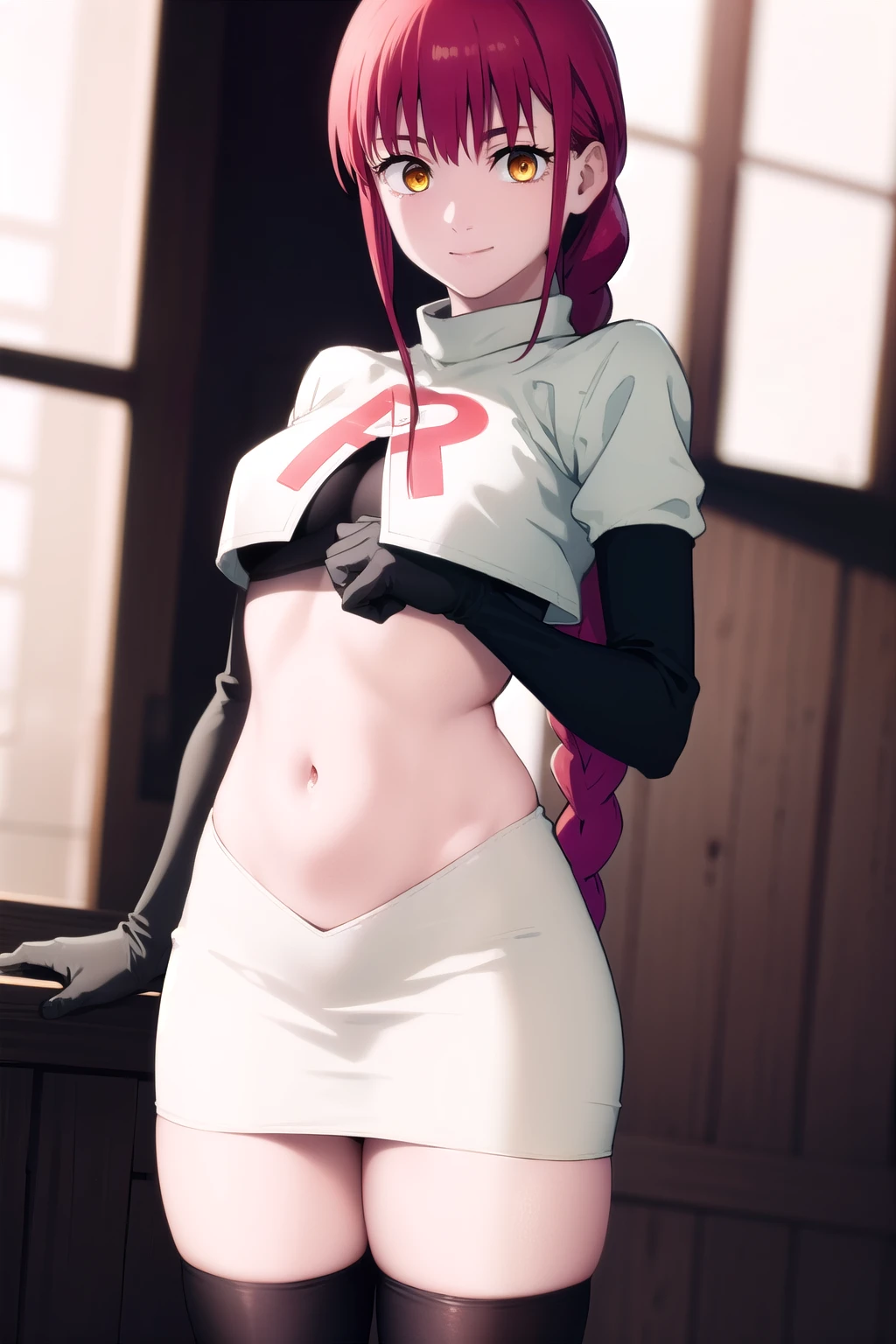makima, makima, long hair, smile, bangs, small breasts, (yellow eyes:1.2), braid, red hair, braided ponytail, ringed eyes,
BREAK team rocket,team rocket uniform,white skirt,red letter R,crop top,black thigh-highs,black elbow gloves,
BREAK looking at viewer,
BREAK (masterpiece:1.2), best quality, high resolution, unity 8k wallpaper, (illustration:0.8), (beautiful detailed eyes:1.6), extremely detailed face, perfect lighting, extremely detailed CG, (perfect hands, perfect anatomy),