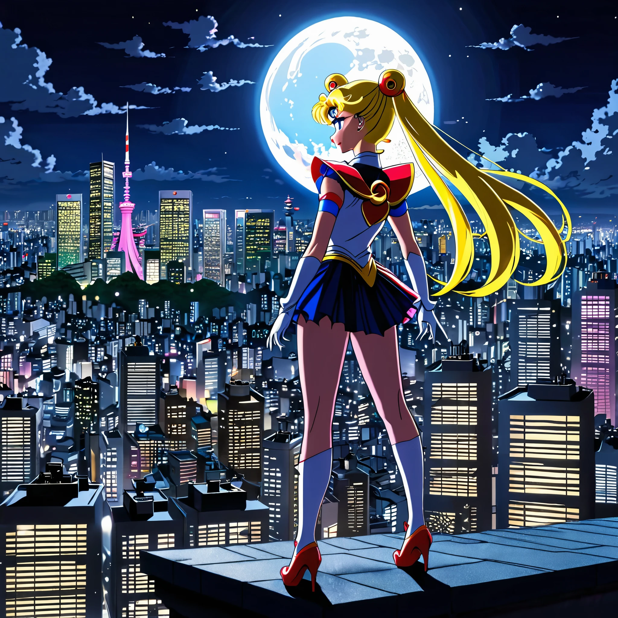 Sailor moon in her magical form is standing on her rooftop watching a shadow monster descend upon Tokyo, her magic is tingling, night time