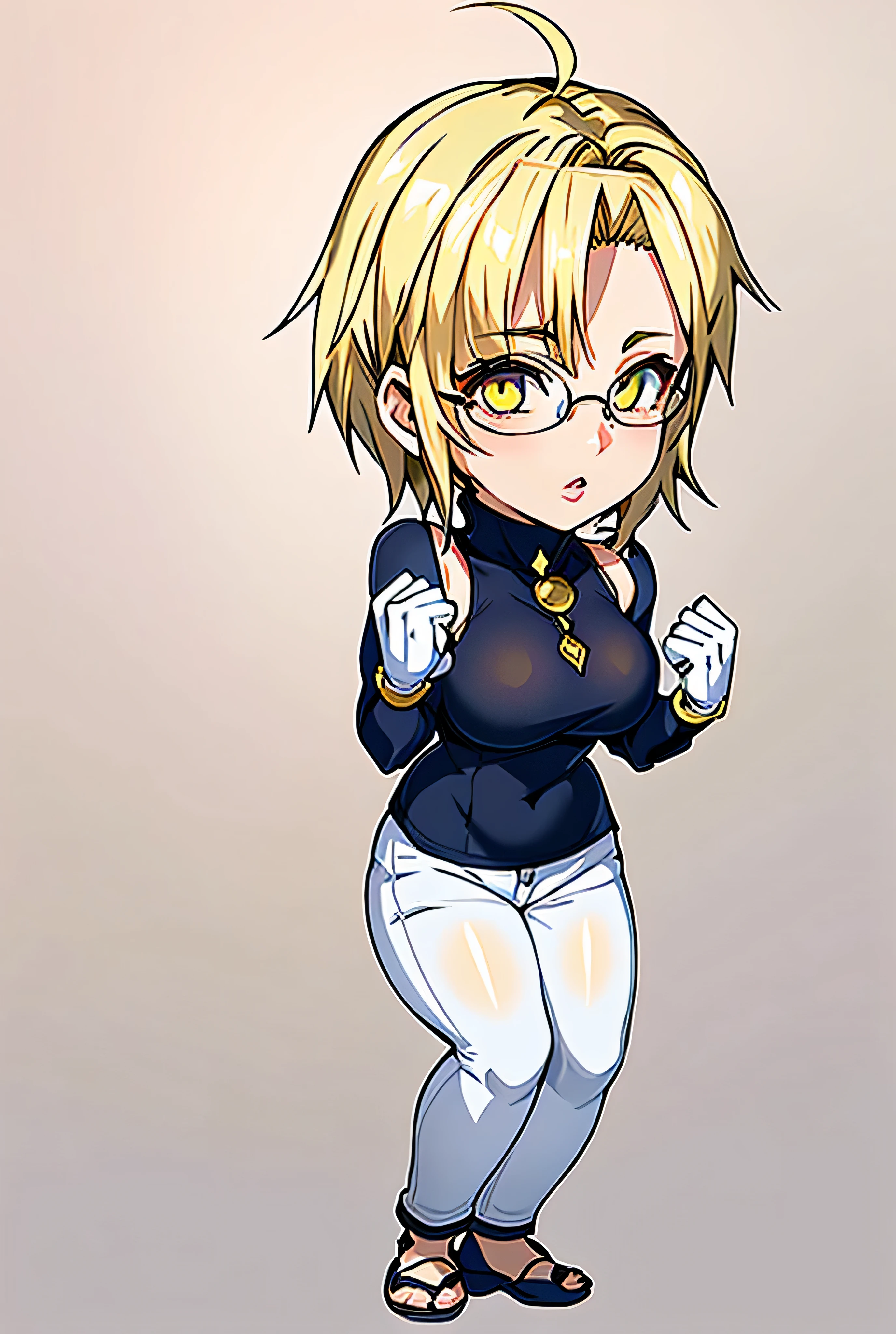 1 female, single, alone, Beautiful Anime Women,Expressionless,
((Blonde,Super Short Hair,Pixie Cut Hair,Ahoge,Good site,Yellow Eyes,Round eyes, Beautiful eyelashes, frameless round glasses,
Thick and glossy lips,White gloves)),((Big Breasts,Skinny jeans,turtleneck)),