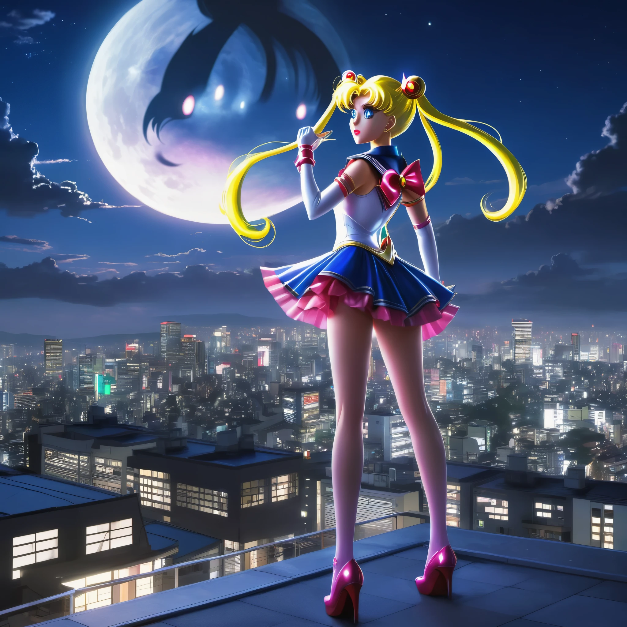 Sailor moon in her magical form is standing on her rooftop watching a shadow monster descend upon Tokyo, her magic is tingling, night time