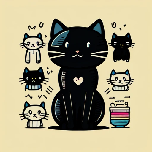 Traditional Tattoo Flash、Old School Tattoo Design、(Cute black cat)、Flat illustration、Vector art,、Face Up、head shot、anime taste、Japanese style logo