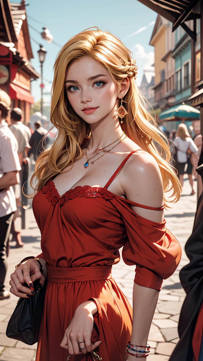 ((最high quality, 8K, masterpiece: 1.3, Ultra HD, high quality, 最high quality, High resolution, realism)) 、A 22-year-old extremely beautiful white woman、Hair color blonde、blue eyeedium Hair、Straight Hair、smile、Slender but well-proportioned body、Background blur((depth of field))、aerial perspective((atmospheric perspective))、I want my head to stay off screen、Wearing accessories on the wrist、Put an anklet on your ankle、Wearing red nail polish、I have a peticure、Disney((Disney))Rapunzel、Blonde long hair、Wear an off-the-shoulder dress、smile