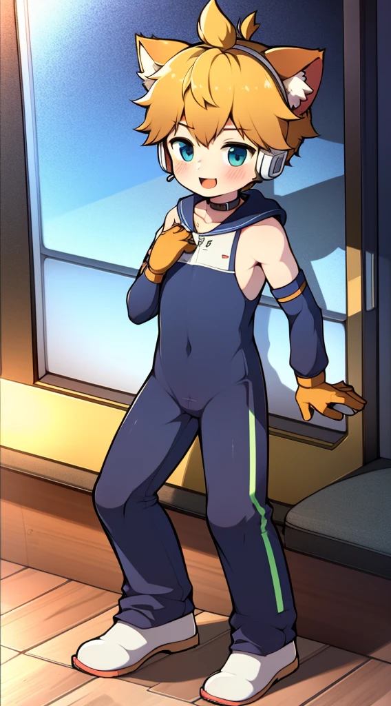 2D Boy Shota，One-piece mountaineering suit，Slim, healthy body，Put the headphones on your head，stand up，goggles，happy，Sailor collar，tie，Zipper pulled down，boots，strap，Hip thrust