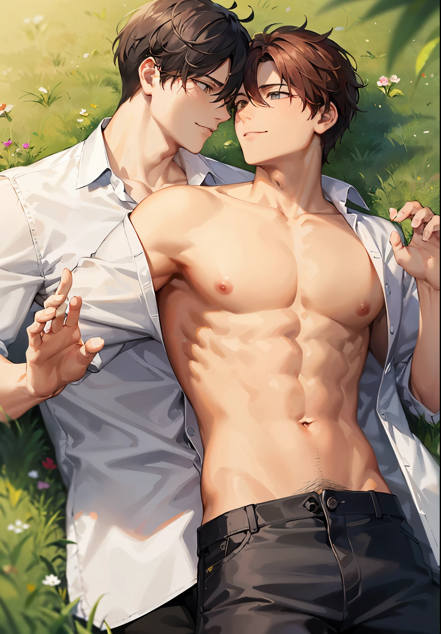 male focus, boy, shirt, yaoi, lying, brown hair, pants, nipples, short hair, pectorals, open shirt, white shirt, open clothes, black hair, muscular male, on back, muscular, looking at another, black pants /////////// ,details of 5 fingers (men), details of male body parts, details,sunny smile,Fix errors, perfect the photo