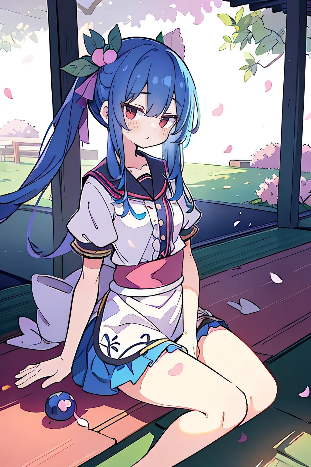 (best quality, masterpiece:1.2), expressive eyes, perfect face, 1 girl, hands on waist, beautiful, gorgeous, Japanese animation, Lola, Hinamori Angel, blue hair, floating clothes, waist grab, waist grab, hands on hips, sitting, sitting on the ground, legs on the ground, flat-chested, falling petals, sitting in a pavilion, pavilion.