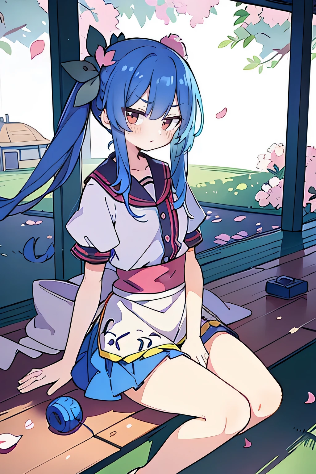 (best quality, masterpiece:1.2), expressive eyes, perfect face, 1 girl, hands on waist, beautiful, gorgeous, Japanese animation, Lola, Hinamori Angel, blue hair, floating clothes, waist grab, waist grab, hands on hips, sitting, sitting on the ground, legs on the ground, flat-chested, falling petals, sitting in a pavilion, pavilion.