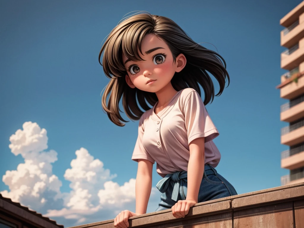 Person standing on the roof、Look Down、A girl afraid of heights、From below