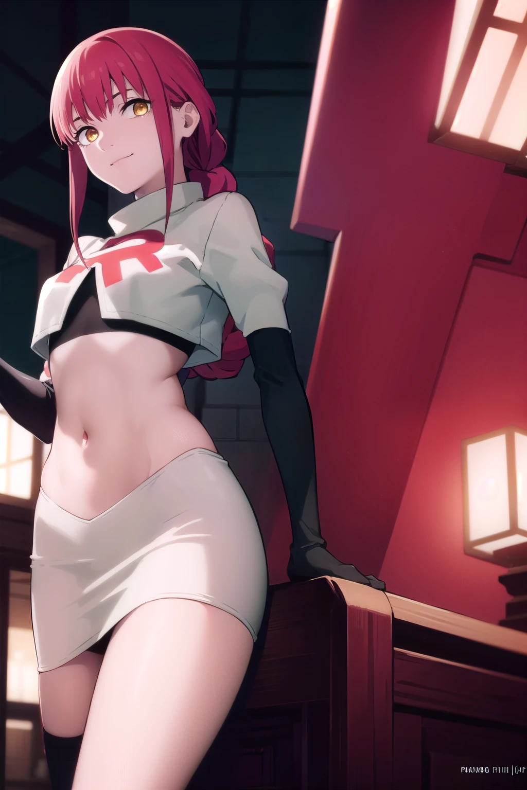 makima, makima, long hair, smile, bangs, small breasts, (yellow eyes:1.2), braid, red hair, braided ponytail, ringed eyes, 
BREAK team rocket,team rocket uniform,white skirt,red letter R,crop top,black thigh-highs,black elbow gloves,
BREAK looking at viewer,
BREAK (masterpiece:1.2), best quality, high resolution, unity 8k wallpaper, (illustration:0.8), (beautiful detailed eyes:1.6), extremely detailed face, perfect lighting, extremely detailed CG, (perfect hands, perfect anatomy),