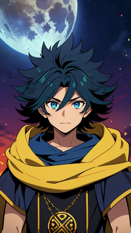 (high-quality, breathtaking),(expressive eyes, perfect face) 1male, male, kid , solo, short length hair, black green hair color, multicolored hair, dark midnight blue streaks hair color, blue highlights hair color, glowing hair, violet color eyes, positive expression, charming smile, cloak, shirt, space background, upper body, magic, elegant, age 10, Greek Clothing, portrait, fantasy mage clothing, adventurers clothing, tanned skin, God of Destruction and Nature, Moon, wild hair, free flowing loose hair, Hunter profession, spiked fluffy hair, destroyed ground
